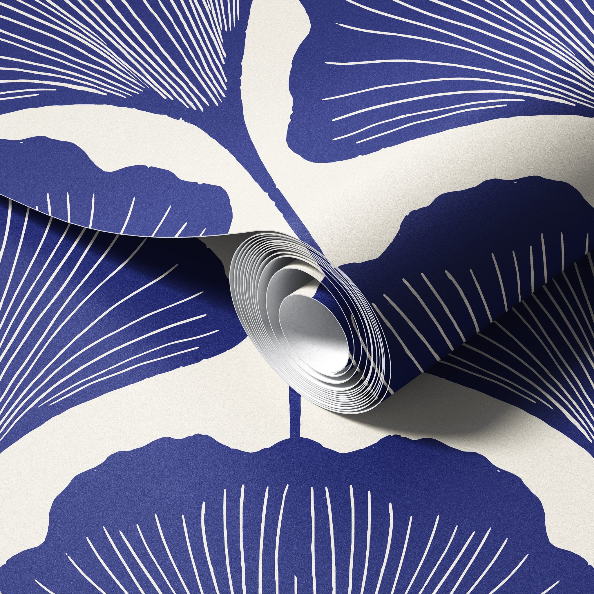 Ginkgo Scallop Blue peel and stick wallpaper room mockup